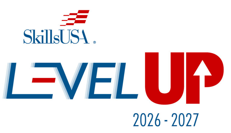 The SkillsUSA logo for the 2026-2027 "Level Up" initiative, featuring bold blue and red text with an upward arrow.